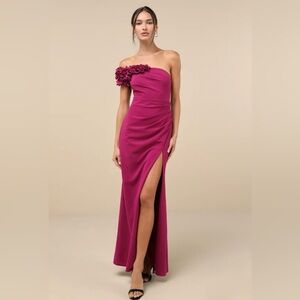 Lulus Magenta 3D Floral One-Shoulder Maxi Dress